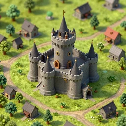 extreme close up!!! of a castle on a minimalistic warcraft like map of steampunk small town, vivid color scheme, sharp focus, clear image, no logo, hyper realistic