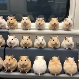 distant photo of a hamster, sitting on a seat in a train, various poses, unedited, soft light, sharp focus, 8 k