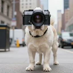 a giant dog in new york, wide lense, film camera