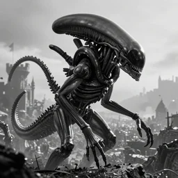 prometheus movie monster, xenomorph, highly detailed background, black and white, unkown city, haze, landscape, castle, 4 k, photograph, distant view