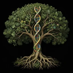 fabulous rooted tree! of wisdom! and knowledge! and eternal life! is human dna! alike, enchanted botany illustration, dark background, by marianne north, by android jones, digital matte painting, very coherently symmetrical, high contrast