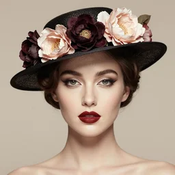 a head, neutral palette, makeup, 1 9 3 0 style, it is wearing a hat with flowes, vogue cover style, greg rutkowski style