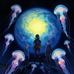 the darkest oceans of europa where the bioluminescent alien jellyfish hunt their prey. andreas achenbach, artgerm, mikko lagerstedt, zack snyder, tokujin yoshioka. vibrant colors.
