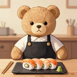 Teddy bear overlord with sushi, digital art