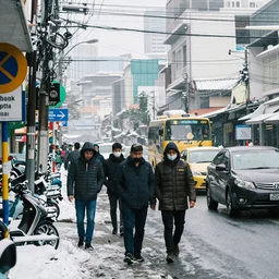 photo of people on the snowy Bangkok streets, high details, 70mm
