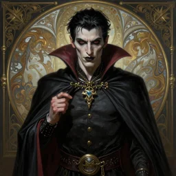 hyper detailed ultra sharp painting of a vampire count male. trending on artstation, warpaint aesthetic, darkwave, gothic, eerie, ornate, intricate, digital painting, concept art, smooth, sharp focus, illustration, art by artgerm and james jean, gilleard james and alphonse mucha, 8 k