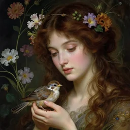 Beautiful Pre-Raphaelite goddess of nature holding a little bird, in the style of John William Godward and Dante Gabriel Rossetti, close-up portrait, head in focus, flowers and plants, etheric, moody, intricate, mystical,