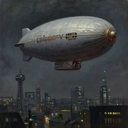 oil painting of a big steampunk zeppelin over cyberpunk london, futuristic watchtower, view from far away, dark vibes, very serous painting, majestice masterpiece, tonalism