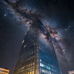 a beautiful double exposure of a deep field astrophotography image by hubble in the sky, a glass sci - fi building with reflections, award winning, low noise, detailed, sharp, elevated point of view