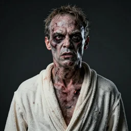 bill murray as angry zombie, horror apocalyptic, bathrobe, dry - wounds, left eye hanging out, broken collarbone, dramatic, the feeling of grimdark, sharp focus, fiction, hyper detailed, digital art, trending in artstation, cinematic lighting, studio quality, smooth render, unreal engine 5 rendered, octane rendered, art style and nixeu and wlop and krenz cushart