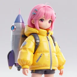 a cute girl, pink hair covered with hairpins, big eyes ， yellow inflatable loose plastic cyber technology jacket, huge jet rocket engine backpack, fantasy art by guweiz, sleek curves, intricate sharp focus, trending on artstation hq, deviantart, pinterest, unreal engine 5, highly detailed, 4 k uhd image