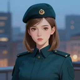young woman with shoulder length light brown hair and hazel eyes dressed in a sharp dark teal military uniform and beret, blurred city background in twilight lighting, ilya kuvshinov, anime, greg rutkowski, guweiz, ross tran, artstation trending, artgerm, concept art, digital painting, painterly