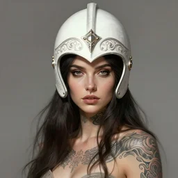 an attractive young tattooed female with piercings wearing an white ornate metallic helmet, helena christensen, olive skin, long dark hair, beautiful bone structure, intricate, elegant, highly detailed, digital painting, artstation, concept art, smooth, sharp focus, illustration, art by artgerm and greg rutkowski and alphonse mucha