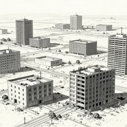 a desolate landscape dotted with brutalist complexes, drawn by tsutomu nihei,