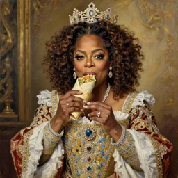 queen oprah eating a burrito by greg hildebrant fancy rococo baroque regal oprah oil painting high quality award winning clothed in fancy garb
