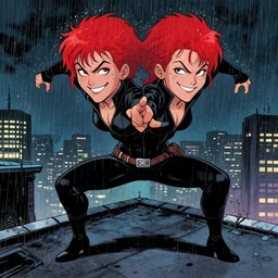 in the style of phil noto comic art, joshua middleton comic art, peyton list black widow, symmetrical face, red hair, on a rooftop, smirk, symmetrical eyes, rain, night, rain, symmetrical, action pose, artgerm, playful smirk