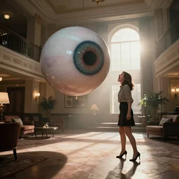 photorealistic wide two shot cinematography of a beautiful woman screaming at a giant floating eyeball in the style of the twilight zone, shot on film at magic hour with the sun shining into a large 6 0's hotel lobby room filled with volumetric haze by the shining cinematographer john alcott on a cooke panchro 1 8 mm lens.