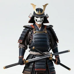 a godlike and indomitable helmeted and masked samurai posing with their realistic detailed katana and wakizashi under an enormous Torii gate, the Japanese rising sun in the background. Badass pose. Photo realistic. Award winning