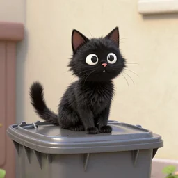 stray very furry black cat on a trashbin by greg rutkowski, pixar