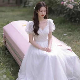 a funeral of a beautiful woman in a white beautiful glitter dress, aesthetic, pastel style