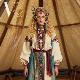 vertical photo of polish female in primitive palace, blonde, curly hair, symmetrical beautiful face, cyberpunk glasses, cyberpunk decorations and jewelry, native costume, standing in the primitive tent, fashion editorial photography, hyperrealistic, from vogue magazine, reflections, refraction, gold, teal, orange