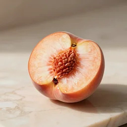 a peach cut in half on a marble countertop. warm studio lighting, structured, 8 k, 4 k, high quality, digital art