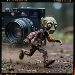kodak portra 4 0 0, 5 0 mm leica summicron f 1. 2, dark and rainy, action photography, long shot, dirty lenses, award winning macro photo of a small dirty zombie running fast on dirt and dust, fast shutter speed, motion blur, tiny gaussian blur, highly detailed, highly intricate, depth of field, national geographic