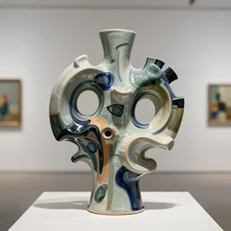 beautiful abstract organic painted ceramic sculpture, in a gallery setting, influenced by jerome danikowski. professional studio photo, 3 5 mm, high definition