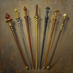 a beautiful painting of various wizard staves