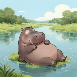 sad hippo waking up in a beautiful river landscape, drawn by erin stead, trending on artstation