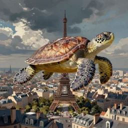 master piece stunning digital painting of a parisian small city contained on the  top of a giant sea turtle