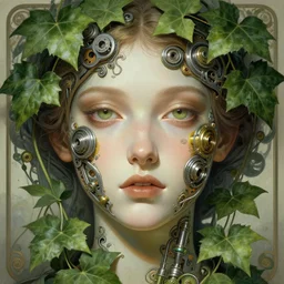 symmetry!! poison ivy, machine parts embedded into face, intricate, elegant, highly detailed, digital painting, artstation, concept art, smooth, sharp focus, illustration, art by artgerm and greg rutkowski and alphonse mucha, 8 k