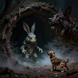 miniature cthulhu stepping out of a rabbit hole in the ground, mist on the ground, a large dog is barking at the tiny cthulhu, dark, horror, volumetric lighting