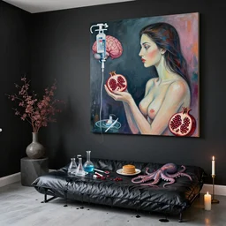 apartment with black walls and a futon, black dripping paint, ikebana, a sensual portrait of a female pathologist holding a brain, intravenous drip, pomegranate, candles, octopus, sensual, pancakes, berries, surgical supplies, scientific glassware, candles, neo - expressionism, surrealism, acrylic and spray paint and oilstick on canvas