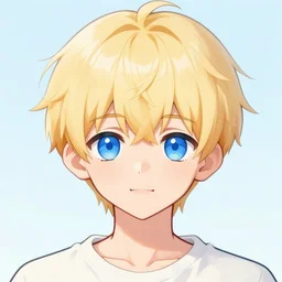 blonde hair boy anime character, symmetrical, highly detailed, digital art, sharp focus, trending on art station, blue eyes, pastel colours, chibi