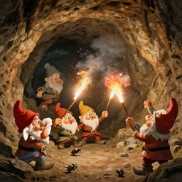 dwarves shooting bugs in an underground cave while throwing flares