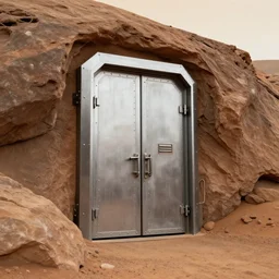 a large armored door built into a mountain on mars
