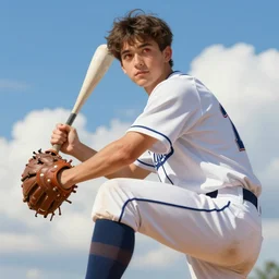 portrait of a young baseball player is playing a baseball, blue sky and white clouds, male, gorgeous, red eyes, peaceful expression, detailed face, amazing, thighs, the feeling of summer, intricate, highly detailed, digital painting, artstation, concept art, sharp focus, illustration, art by greg rutkowski and alphonse mucha