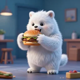 a 3 d art of a white fur monster standing and eating a hamburger in a cool room