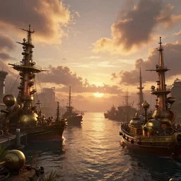 a cinematic frame of a steampunk harbor at sunset, beautiful clouds in the sky, gold and copper color scheme hyperdetailed, 8 k