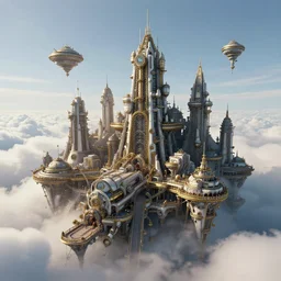 a steampunk city in the clouds, This 4K HD image is Trending on Artstation, featured on Behance, well-rendered, extra crisp, features intricate detail and the style of Unreal Engine.