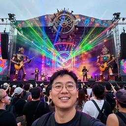 a selfie at an outdoor festival stage with audience, on stage is a rockband with 3 steampunk robots with guitars and drums, center of the stage is a big steampunk generator, laser show, 8 k, fluorescent colors, halluzinogenic, multicolored, exaggerated detailed, unreal engine, 8 0 mm lens
