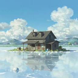 Old house in the middle of the saline, by Makoto Shinkai and Thomas Kinkade, fantasy matte painting, trending on cgsociety and unreal engine，light effect，highly detailed，super wide angle，