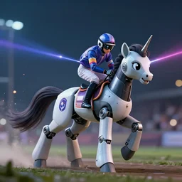 ground level shot of a jockey on a robotic ( my little pony ). the jockey is a robot. laser blasters. digital art, professional, high quality, dramatic lighting, dof, bokeh, action