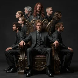 multiple personalities of a man sitting in a throne, moody lighting, 8 k resolution, octane render, trending on artstation, by h. r. giger and greg rutkowski
