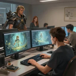 a man and a room melting in a room with two computers, d & d, fantasy digital painting, trending on artstation, concept art, sharp focus, illustration, global illumination, ray tracing, realistic shaded, art by artgerm and greg rutkowski and fuji choko and viktoria gavrilenko and hoang lap
