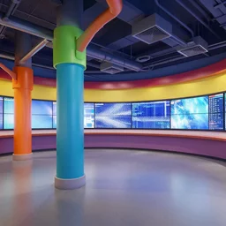 colorful industrial nbc newsroom, industrial columns, ceiling vents and ducts, curved walls, large hd monitors, octane render, unreal engine 5, ray tracing