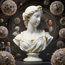 porcelain bust, elegant, gold details. fractal spheres. intricate environment, art by rossdraws, ilya kuvshinov, kim jung gi, peter mohrbacher, victo ngai, thomas kinkade, carl spitzweg, craig mullins. unreal engine 5, blender, octane, ray tracing, global illumination, studio lighting, sharp focus, masterpiece, post processing