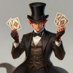 a highly detailed illustration of stylish top hat wearing red haired attractive man, wearing suit vest, flashy card trick pose, intricate, elegant, highly detailed, centered, digital painting, artstation, concept art, smooth, sharp focus, league of legends concept art, WLOP