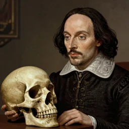 William Shakespeare as Hamlet gazing into the eyes of Yorick\'s skull, ambient lighting, 4k, anime key visual, lois van baarle, ilya kuvshinov, rossdraws, artstation